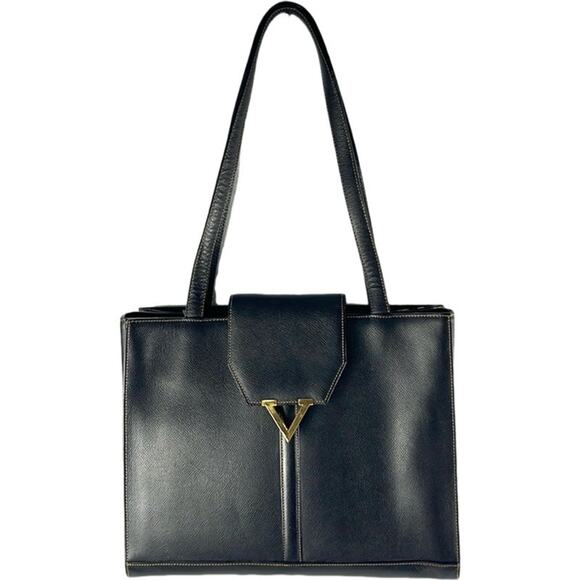 Valentino Garavani Logo Embellished Black Leather Tote - Picture 1 of 12